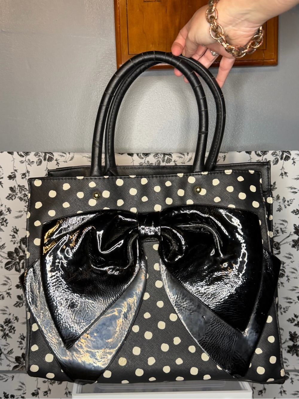 Betsey Johnson Black Polka Dot Tote with Glossy Bow Accent - Women Bags
